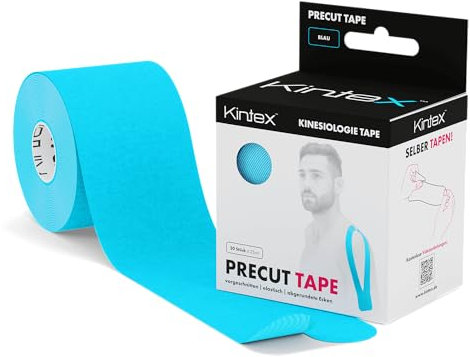 Kintex Kinesiologie Tape vorgeschnitten, 20 Tape-Streifen á 25 cm x 5 cm, PreCut Tape, hautfreundlich, wasserfest, für Sport & Physiotherapie (Blau)