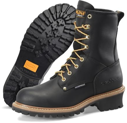 Carolina Elm Logger 8 Steel Toe Boots - Waterproof Work Boots - Slip-Resist Logger Footwear - Memory Foam Comfort Mens Shoes - One-Piece Rubber Lug Outsole - EH Rated - Black - 11