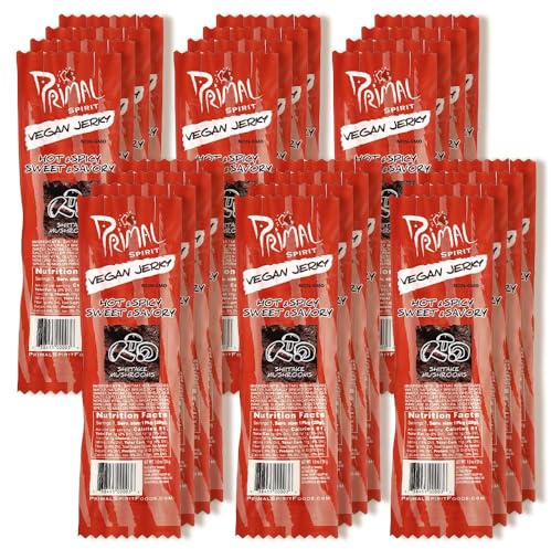 Primal Spirit, Vegan Meatless Jerky Strips - High Energy, High Protein, Non-GMO, 93% Fat-Free Snacks, Vegan Jerky - 28g, Pack of 24 Hot & Spicy Flavour