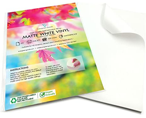 Evergreen Goods 20 Hojas A4 Blanco Mate Impermeable Autoadhesivo Papel de Vinilo, Papel de Impresión de Inyección de Tinta de Alta Resolución, Hoja de Adhesivo Multiusos para Impresión de Imagen/Foto