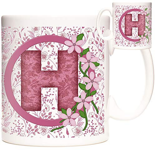 Letter H Gift Mug, Monogram H Mug, Alphabet Letter H Mug. Pink Flower Design Mug, White Ceramic Mug 11oz Capacity