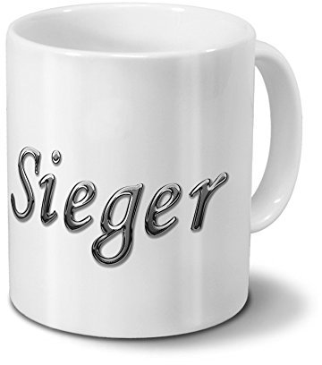 printplanet Tasse mit Namen Sieger - Motiv Chrom-Schriftzug - Namenstasse, Kaffeebecher, Mug, Becher, Kaffeetasse - Farbe Weiß