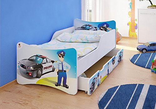 Best For Kids Kinderbett MIT SCHUBLADE UND MIT 10 cm MATRATZE TÜV Zertifiziert SUPER Auswahl 4 GRÖßEN (80x160, Polizei)