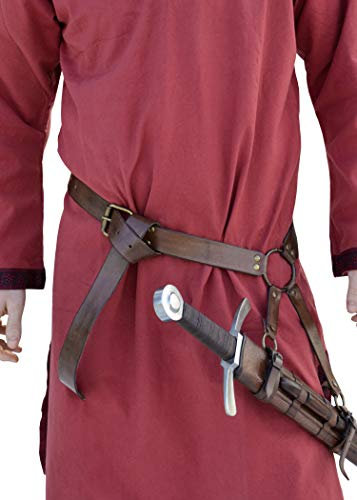 Battle-Merchant Mittelalter Schwertgürtel aus braunem Leder - Mittelalter Schwerthalter mit Gürtel
