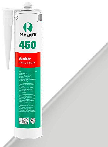 RAMSAUER 450 Sanitär 1K Silikon (Silbergrau Nr. 16) - 310ml Kartusche, ideal für Feuchträume & Nassbereiche, Lebensmittelbereich, leicht verarbeitbar, schnelle Tiefhärtung, optimale Glättbarkeit