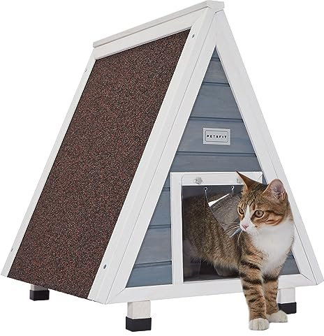 Petsfit Katzenhaus Outdoor Winterfest mit Fluchttür Katzenhaus Outdoor Holz mit erhöhtem Design Katzenhöhle für Draussen Katzenhütte Wetterfest aus Spießtannenholz, Grau
