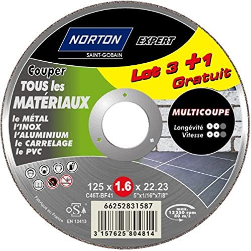 Norton Lot de 3 + 1 Meules multi coupe 125 x 1,6 x 22,2 mm