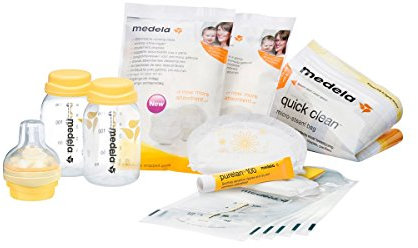 Medela Starter Kit per Allattamento al Seno, Con Tettarella Calma, 2 Bottiglie e 5 Sacche per Latte Materno, 12 Coppette Assorbilatte Monouso, Crema PureLan e Sacca per Disinfezione Rapida