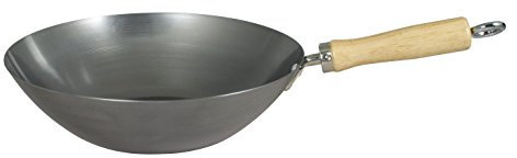 Dexam 12108410 Carbon Steel Wok With Wood Handle 27cm/10.5 -inch , Silver (Lacquer Finish )