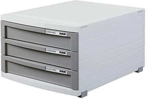 HAN Schubladenbox CONTUR – modernes und modular erweiterbares Schubladensystem, mit 3 geschlossenen Schubladen bis Format DIN B4, lichtgrau-dunkelgrau, 1503-19, 3 Schubladen