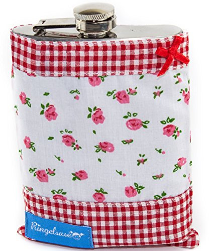 Flachmann Damen Stoff-Hülle Blumen Karo Edelstahl 210 ml 10,5 x 14 cm Rot Rosa Weiß Ringelsuse