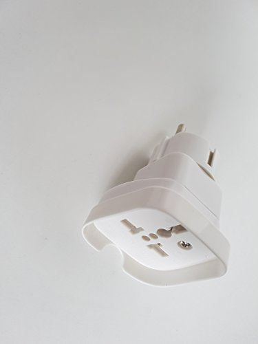 Reise-Adapter Schuko-Stecker mit Erde ! NEU: mit Schutzkragen und abschraubbarer Platte für Südafrika, und Indien Kupplungs-Seite: USA,UK,Österreich,Ital, Schweiz, Frankr., etc. mit Kinderschutz