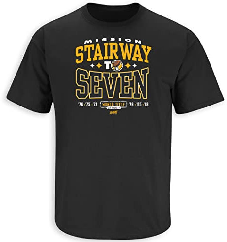 Pittsburgh Football Fans. Stairway to Seven. World Title or Bust Black T-Shirt (S-5X) (kurzärmlig, groß)