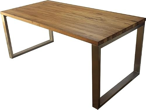 Esstisch Massivholz Edelstahl Serie Munich, Tisch Holz Wildeiche massiv 140 x 80 cm, Holztisch Edelstahl Metall Stahl, Premium Esstisch, Design Tisch Edelstahl Tischgestell