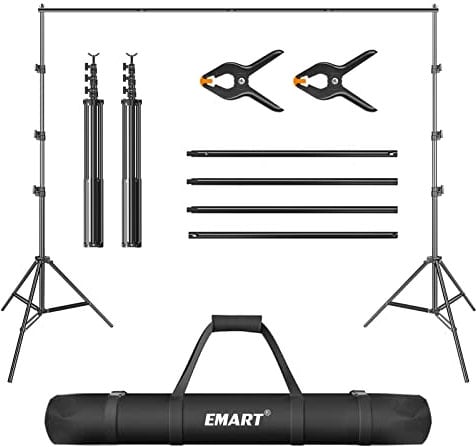 EMART Foto Hintergrund Ständer 2,6m x 3m, Verstellbare Hintergrundsystem Fotografie Kit mit 2 Federklemmen für Fotostudio, Porträt, Produktfotografie, Live-Streaming, Party, Hochzeit