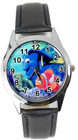taport® finden Dory Nemo Quarzuhr schwarz Leder Band + Gratis Ersatz Akku + Geschenk Tasche