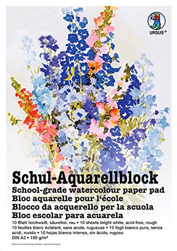Ursus 7004000 - Schul Aquarellblock, hochweiß, DIN A3, 150 g/qm, 10 Blatt, säurefrei, an drei Seiten geleimt, ideal für die Schule oder in der Freizeit