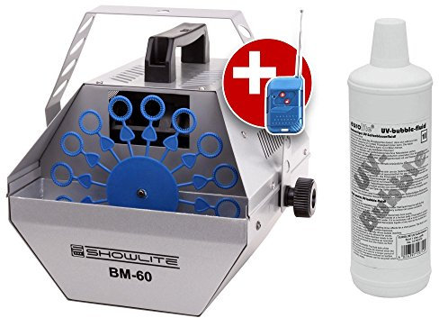 Showlite BM-60 Seifenblasenmaschine 60W mit Funk Fernbedienung und 1L Eurolite UV-Fluid gelb (0,6l Tank, 2-3 Stunden Laufzeit bei vollem Tank, Party Effekt, Disco Bubbles)