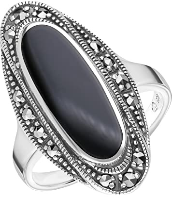 Esse Marcasite Ring Sterling-Silber 925 ovaler schwarzer Onyx Markasit Art Deco, Large, Onyx Markasit,