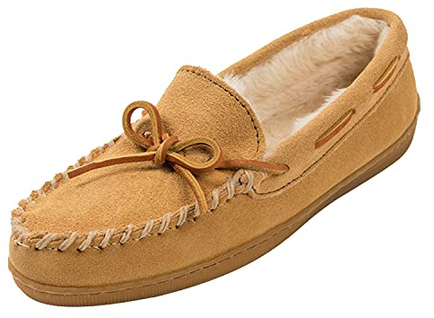 Minnetonka Women's Pile Lined Hardsole Moccasin Slippers, Tan, 6 W US