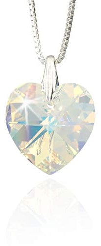 Halskette Damen 925 Silber mit Swarovski Elements Herz Anhänger Crystal Aurore Boreale als Geburtstagsgeschenk für Frauen, Geschenk für die Freundin, sage mit einer Herzkette Ich liebe dich.