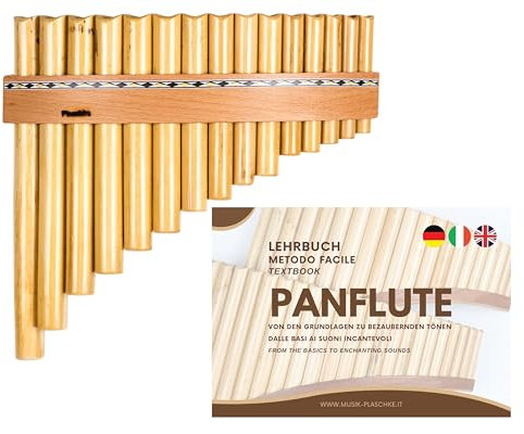 Plaschke Panflöte, Holzriemen Design, handgemacht mit Lehrbuch, 15 Rohre G-Dur