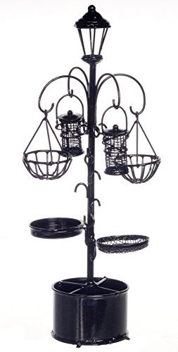 Melody Jane Dolls House Bird Bath Feeder Hanging Basket Stand Black Wire Garden Furniture