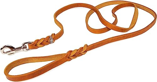 CopcoPet - Fettlederleine 2,20 m x 15 mm, Cognac, Hunde-Leine aus Leder mit verchromtem Karabiner, geflochtene Hunde-Führleine Leder