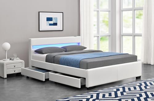 Exclusive Harmin Designer Musical, Bluetooth LED Colour Changing Faux Leather Bed Frame with Remote for LEDs (White, 4ft6 Double)