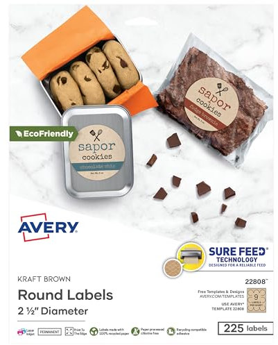 Avery Round Labels for Laser & Inkjet Printers, 2.5, 5 Packs, 1,125 Labels Total, Kraft Brown Labels (22808)