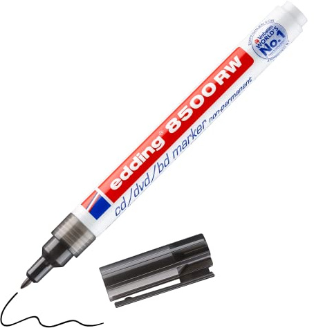 edding 8500 RW CD/DVD/BD marker - schwarz - 1 Stift - feine Rundspitze 1 mm - zur non-permanenten Beschriftung von CDs, DVDs und Blu-Ray Discs