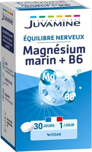 JUVAMINE - Equilibre Nerveux - Magnésium Marin 300mg + Vitamine B6 - Contribue à Réduire la Fatigue et au Fonctionnement Normal du Système Nerveux - Stress -30 Comprimés - 1 Mois de Programme