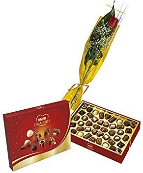 Speciale per San Jordi: Scatola di cioccolatini Nestlé, scatola rossa da 400 g e rosa naturale in confezione regalo + bigliettino con nota personalizzata in omaggio