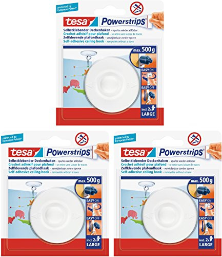 tesa Deckenhaken mit Powerstrips, selbstklebend, wieder ablösbar, bis 0,5kg (6er Set)