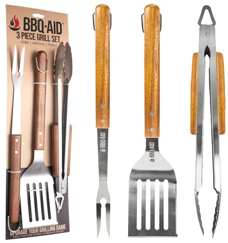 3-teiliges Grillzubehör-Set – Grillzange, Spatel, Gabel-Set – robuste Edelstahl-Grillwerkzeuge mit massiven Hartholzgriffen, tolles Geschenkset