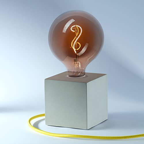 Home Designerlampe aus Beton, Nachttisch-Leuchte, Schreibtisch-Lampe oder für den Boden, Cube-Lampe als Geschenk, Harmonische Beleuchtung, Als LED Lampe für jeden Raum, Mit farbigem Textilkabel „Gelb“