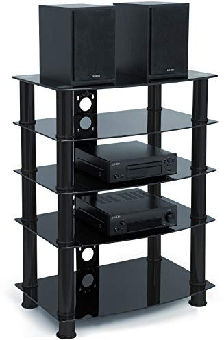 Centurion Supports Galago 5-Shelf Premium Gloss Black Glass with Black Legs AV Rack