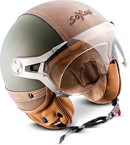 SOXON® SP-325 Urban „Green“ · Jet-Helm · Motorrad-Helm Roller-Helm Scooter-Helm Moped Mofa-Helm Chopper Retro Vespa Vintage · ECE 22.05 Visier Leather-Design Schnellverschluss Tasche XS (53-54cm)