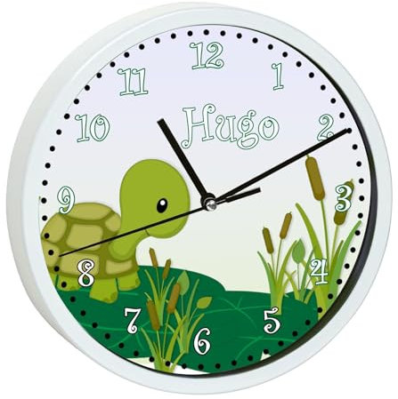 CreaDesign, Wanduhr für Kinderzimmer Schildkröte, Kinderuhr weiß mit Quarz Uhrwerk, personalisiert mit Name, Durchmesser 19,5 cm