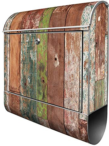 banjado® Design Briefkasten mit Buntes Holz 38,5x46,5x13cm & 2 Schlüssel - Briefkasten Stahl Silber mit Zeitungsfach pulverbeschichtet - Postkasten A4 Einwurf inkl. Montagematerial
