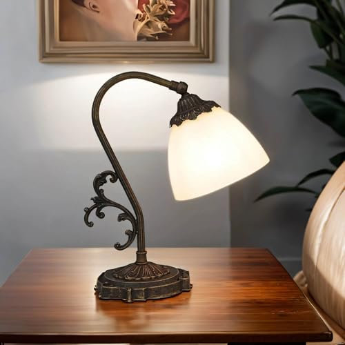Licht-Erlebnisse Tischleuchte Messing Glas in Bronze Antik Weiß Wohnzimmer Büro 30 cm E14 blendarm Jugendstil Nachttischlampe Schlafzimmer BEATRICE