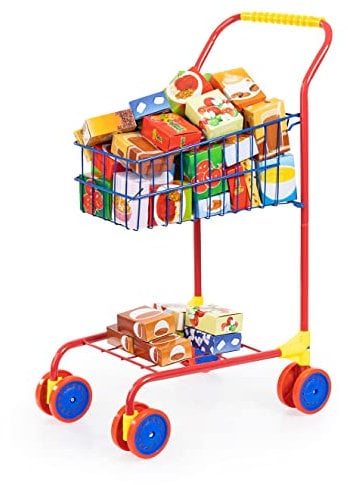 Bayer Design 75002AA Einkaufswagen Supermarkt Kinder, mit Spiellebensmittelkartons, Metall, integrierter Sitz, Kaufladenzubehör, bunt/Inhalt, Large