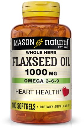 MASON NATURAL Flaxseed Oil 1000mg – Omega 3-6-9 Softgels for Heart Health – Cold-Pressed Whole Herb Supplement – Gluten-Free, Non-GMO, 100 Softgels