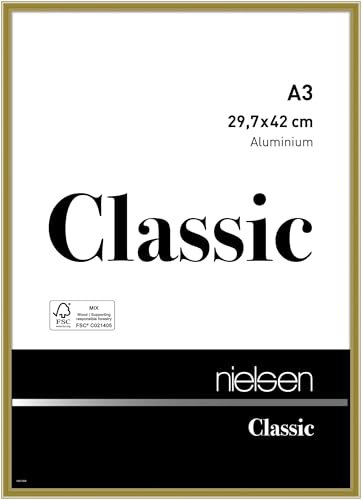 nielsen Bilderrahmen, 29,7 x 42 cm (A3), Aluminium, Gold glanz, Posterrahmen zum Aufhängen im Hoch- & Querformat, Echtglas, Classic