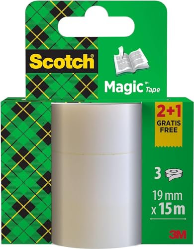 Scotch Nastro adesivo Magic, 2 + 1 Rotolo, 19 mm x 15 m - Nastro Trasparente Opaco e Scrivibile Ottimo per Casa, Ufficio e Scuola