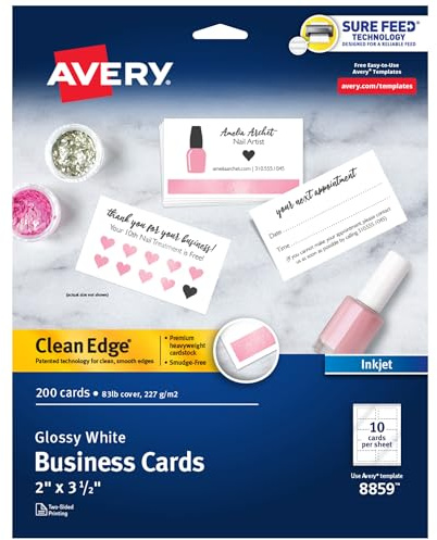 Avery Ink Jet One-Side Printable Clean Edge Business Cards, White, One-Side Glossy, Pack of 200 (8859)