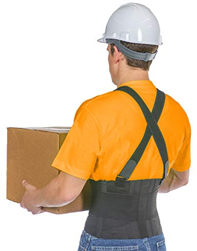BraceAbility Work Back Brace - Industrial Lower Back Pain Protection Belt for Men and Women in Construction, Moving, Warehouse Jobs - Removable Suspender Shoulder Straps for Heavy Lifting Safety (XL)