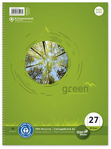 Staufen Green Collegeblock - DIN A4, Lineatur 27 (9mm liniert mit Randlinien), 80 Blatt, 4-fach Lochung, premiumweißes 70g/m² Recyclingpapier, 1 Stück
