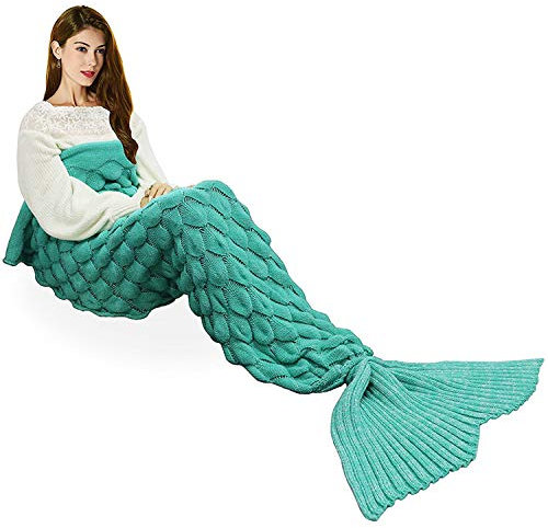 eCrazyBaby Coperta a Coda di Sirena, Tutte Le Stagioni Caldo Coperte da Letto a Maglia Divano Soggiorno Trapunta per Bambini e Adulti, Modello a Squame di Pesce, 195 x 90 cm, Verde Menta