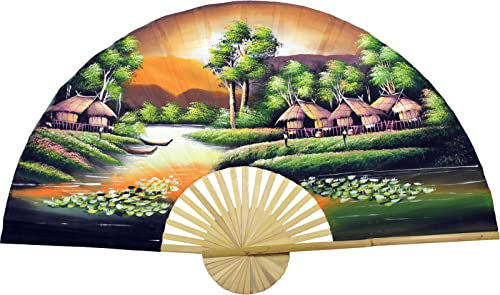 Oriental-Decor Golden Village Folding Wall Fan Hand-painted Wall Decor Art (60 inch wide)